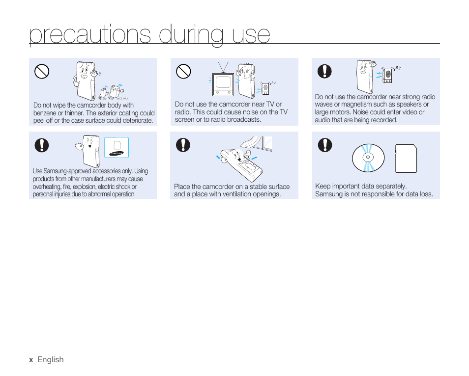 Precautions during use | Samsung HMX-U10EP/U100EP User Manual | Page 10 / 98