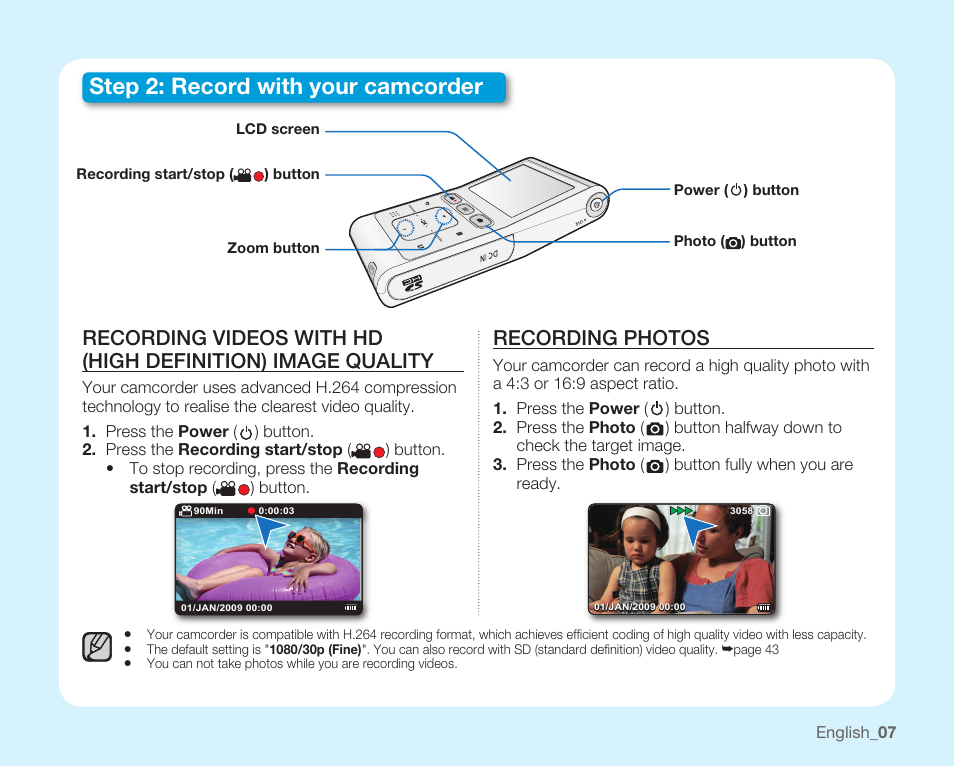 Step 2: record with your camcorder, Recording photos | Samsung HMX-U10EP/U100EP User Manual | Page 15 / 98