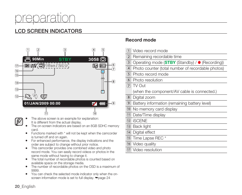 Preparation, Lcd screen indicators | Samsung HMX-U10EP/U100EP User Manual | Page 28 / 98
