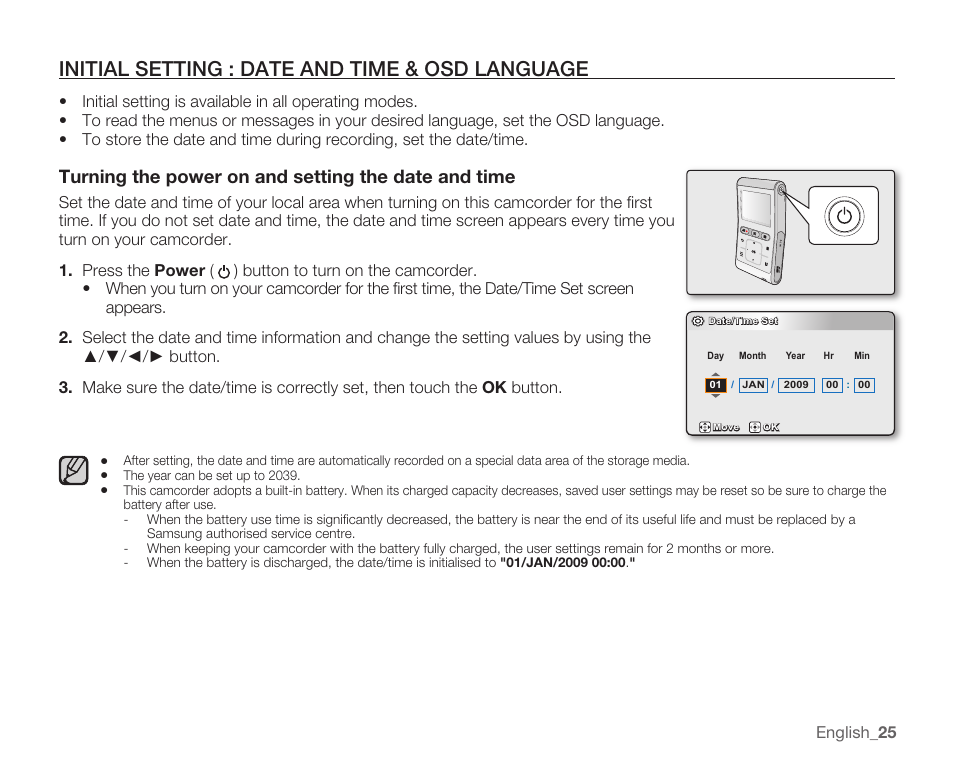 Initial setting : date and time & osd language, Turning the power on and setting the date and time | Samsung HMX-U10EP/U100EP User Manual | Page 33 / 98