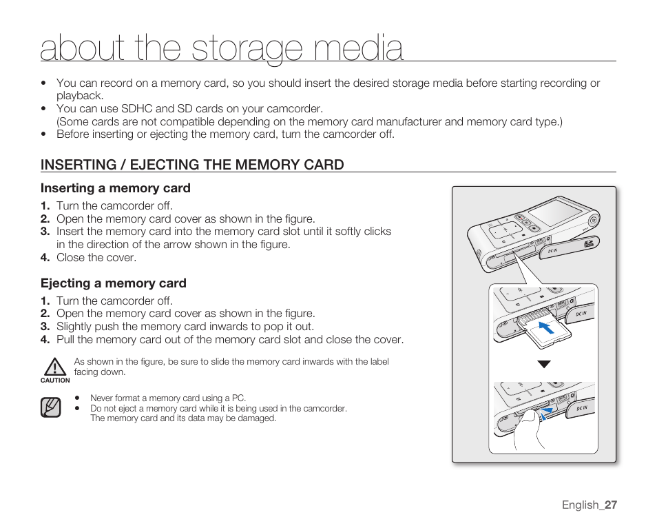 About the storage media | Samsung HMX-U10EP/U100EP User Manual | Page 35 / 98