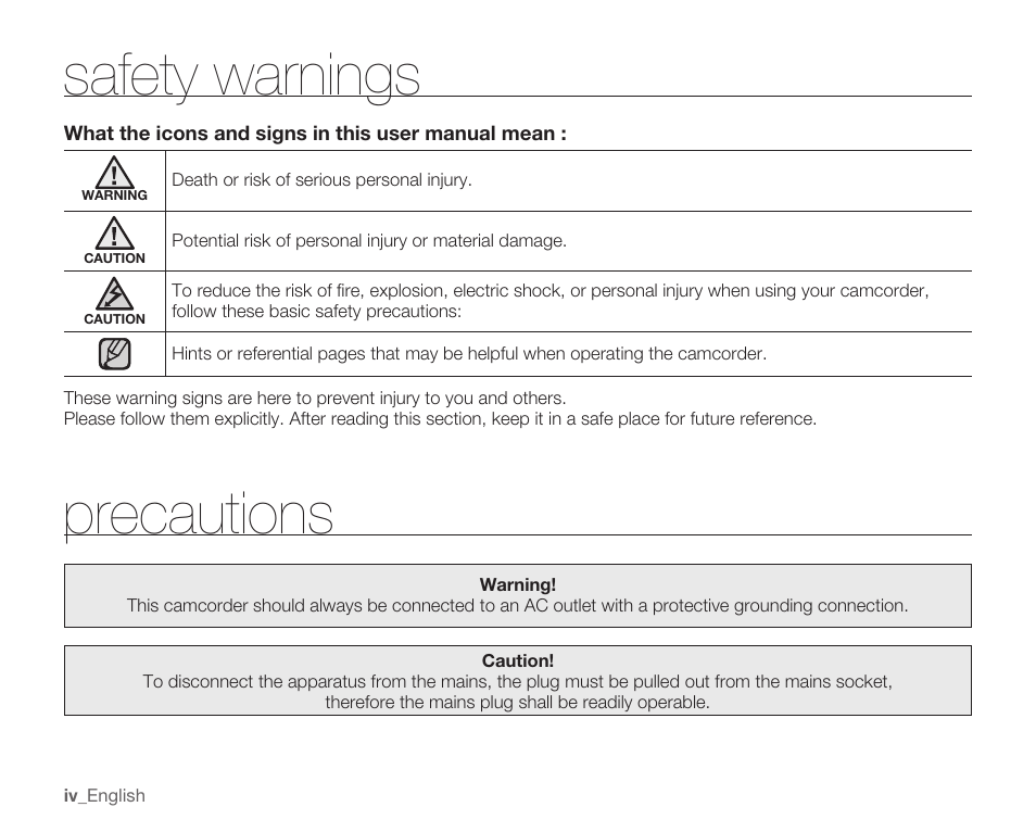 Safety warnings, Precautions | Samsung HMX-U10EP/U100EP User Manual | Page 4 / 98