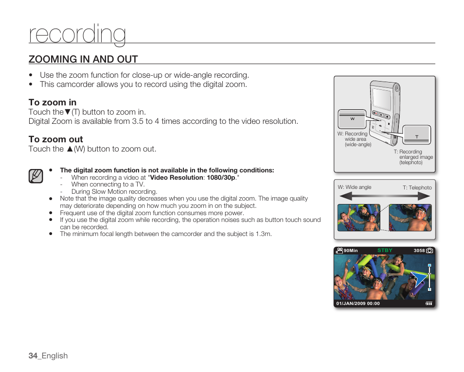 Recording, Zooming in and out | Samsung HMX-U10EP/U100EP User Manual | Page 42 / 98