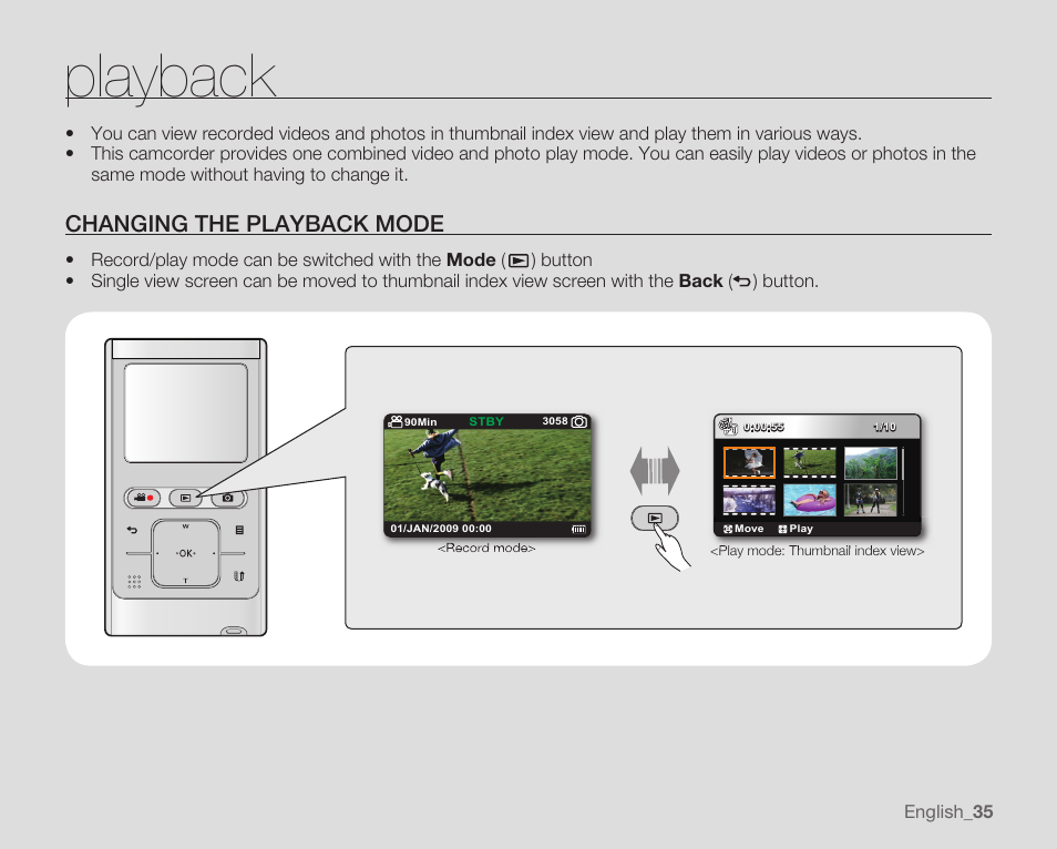 Playback, Changing the playback mode | Samsung HMX-U10EP/U100EP User Manual | Page 43 / 98