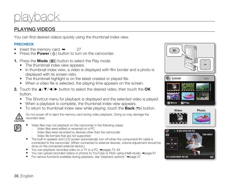 Playback, Playing videos | Samsung HMX-U10EP/U100EP User Manual | Page 44 / 98