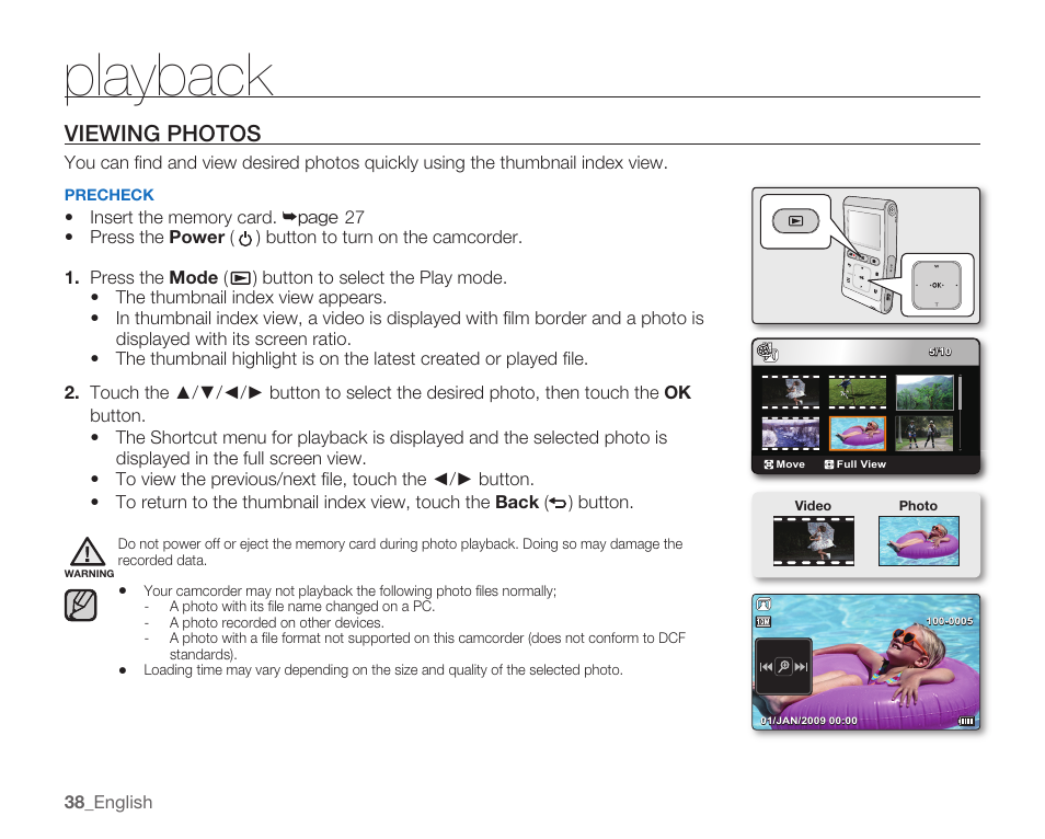 Playback, Viewing photos | Samsung HMX-U10EP/U100EP User Manual | Page 46 / 98