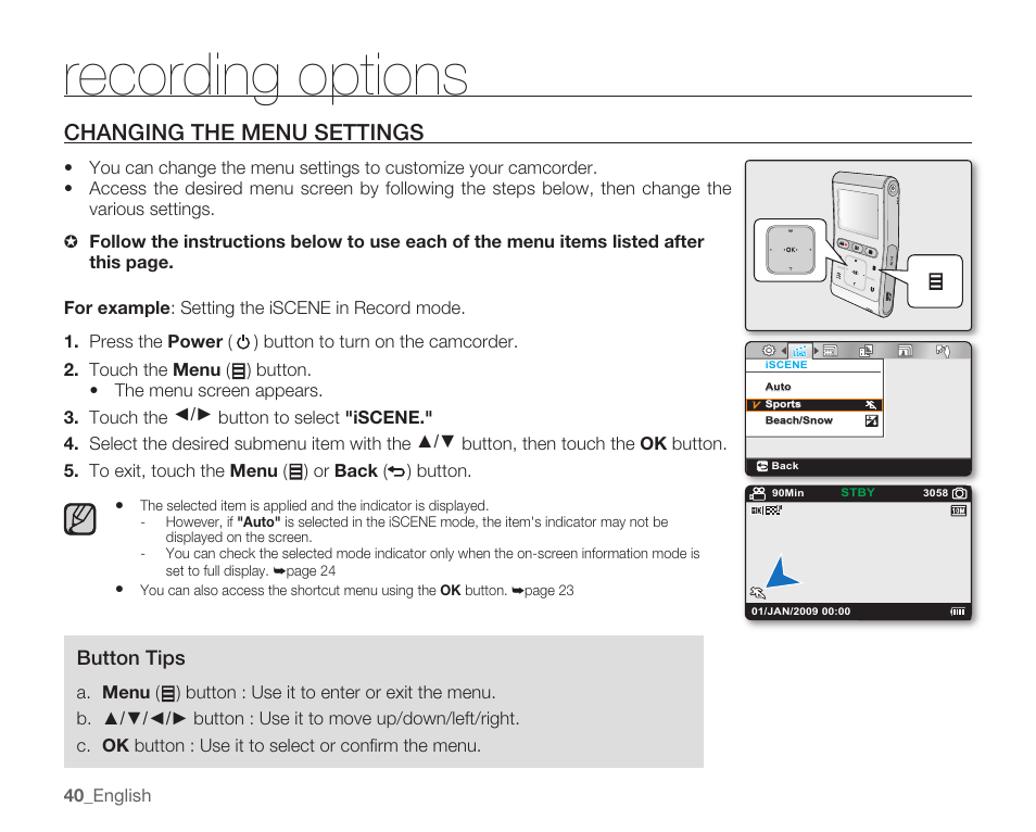 Recording options, Changing the menu settings | Samsung HMX-U10EP/U100EP User Manual | Page 48 / 98