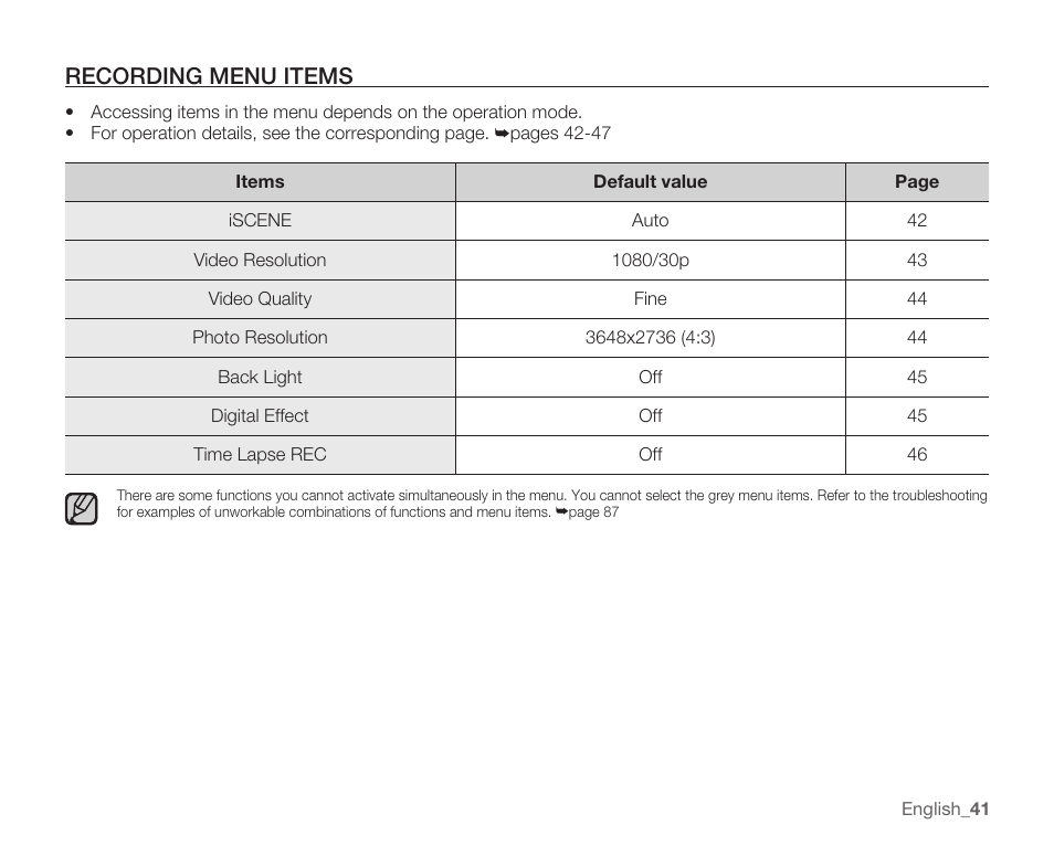 Recording menu items | Samsung HMX-U10EP/U100EP User Manual | Page 49 / 98