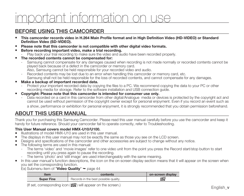 Important information on use, Before using this camcorder, About this user manual | Samsung HMX-U10EP/U100EP User Manual | Page 5 / 98
