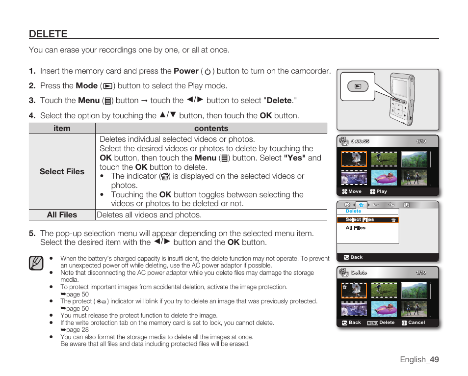 Delete | Samsung HMX-U10EP/U100EP User Manual | Page 57 / 98