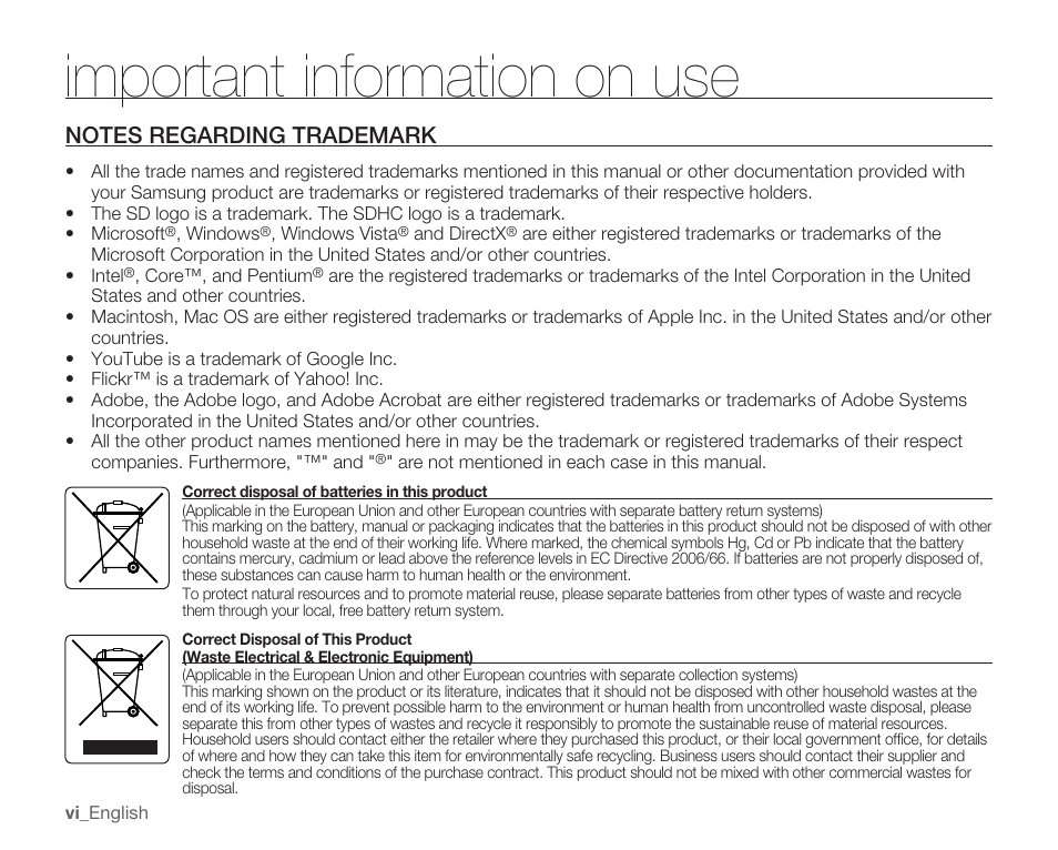 Important information on use | Samsung HMX-U10EP/U100EP User Manual | Page 6 / 98