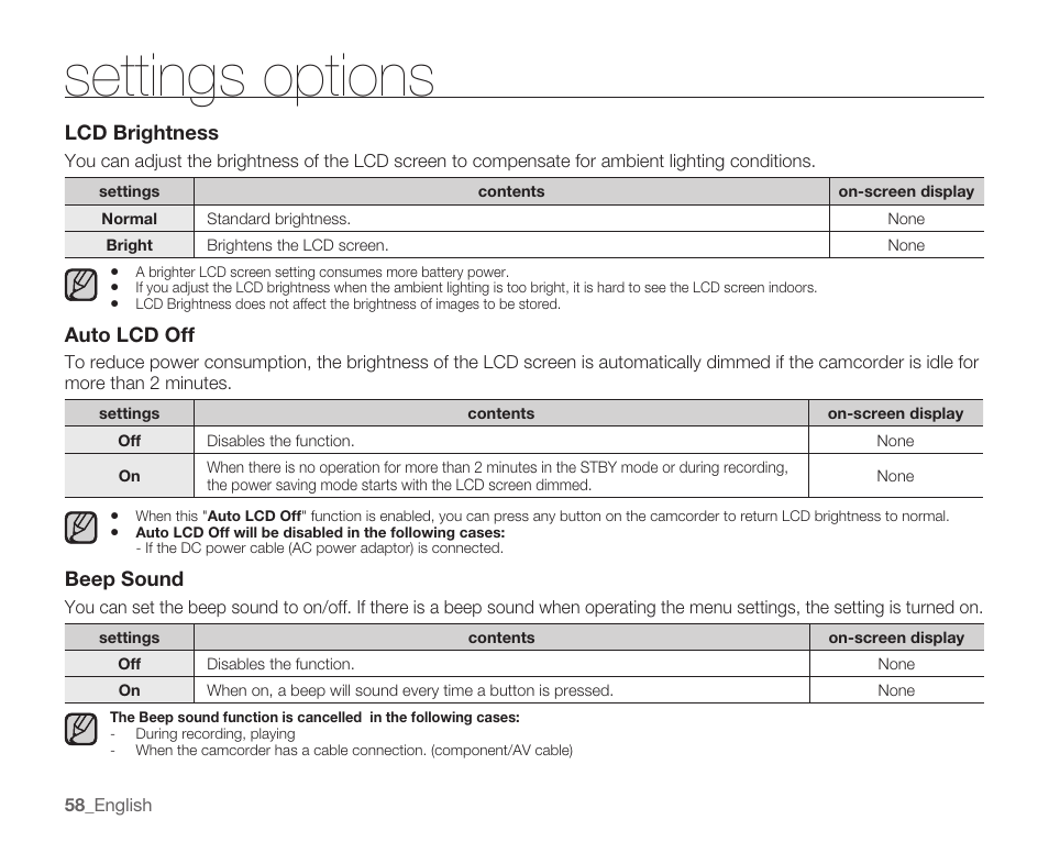 Settings options | Samsung HMX-U10EP/U100EP User Manual | Page 66 / 98