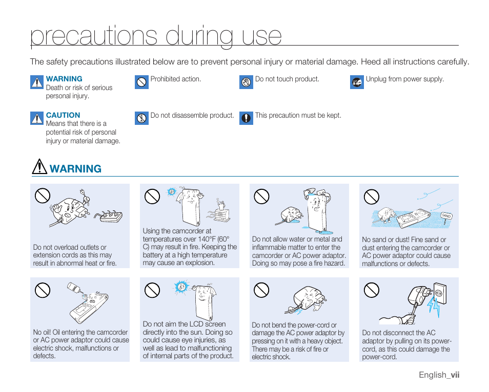 Precautions during use, Warning | Samsung HMX-U10EP/U100EP User Manual | Page 7 / 98