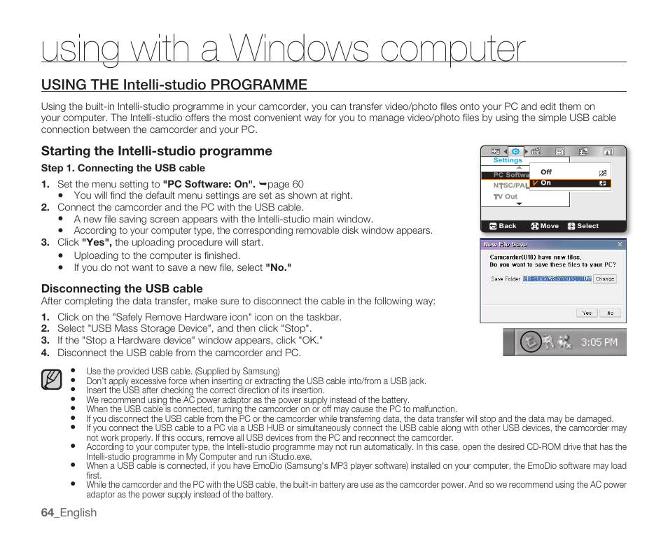 Using with a windows computer, Using the intelli-studio programme, Starting the intelli-studio programme | Samsung HMX-U10EP/U100EP User Manual | Page 72 / 98