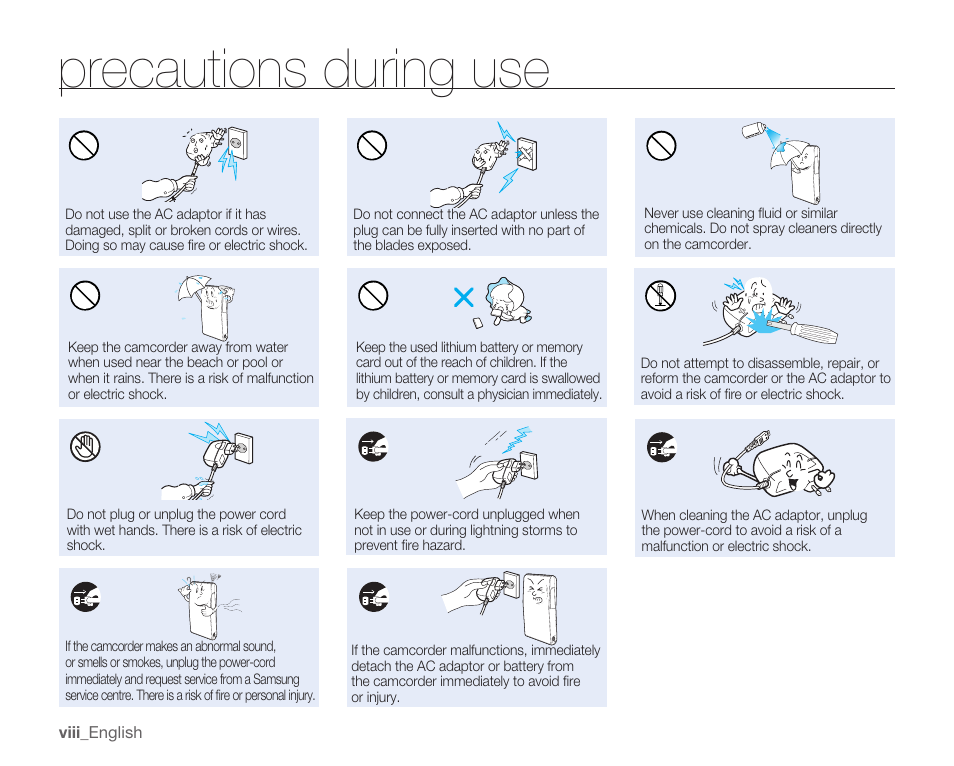 Precautions during use | Samsung HMX-U10EP/U100EP User Manual | Page 8 / 98