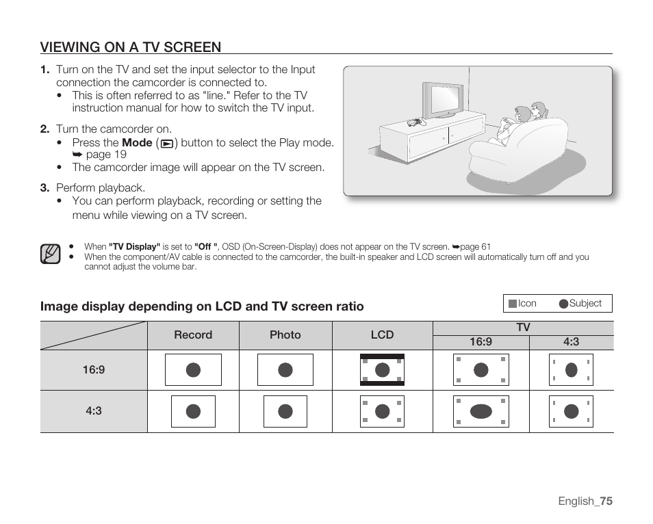 Viewing on a tv screen, Image display depending on lcd and tv screen ratio | Samsung HMX-U10EP/U100EP User Manual | Page 83 / 98