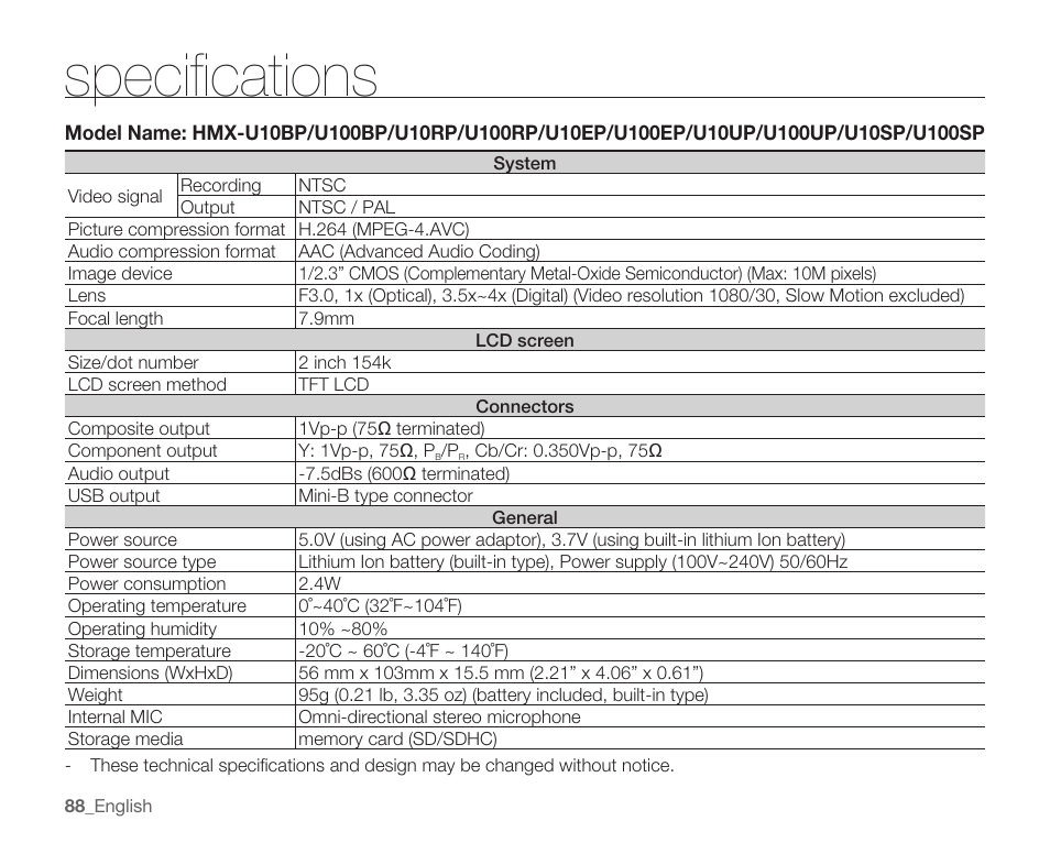 Specifications | Samsung HMX-U10EP/U100EP User Manual | Page 96 / 98