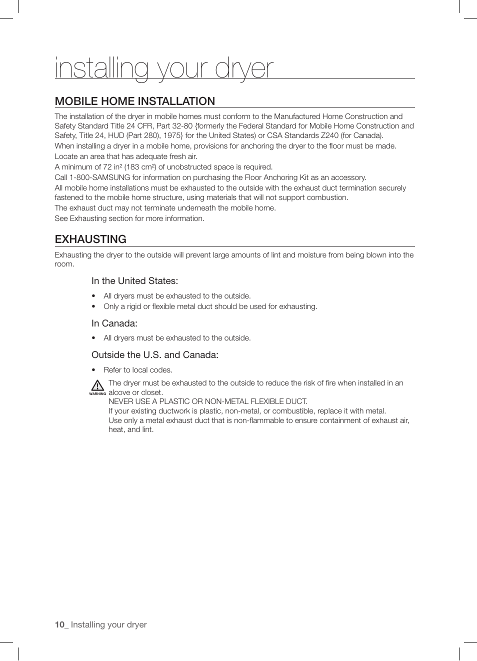 Installing your dryer | Samsung DV337AGG User Manual | Page 10 / 32