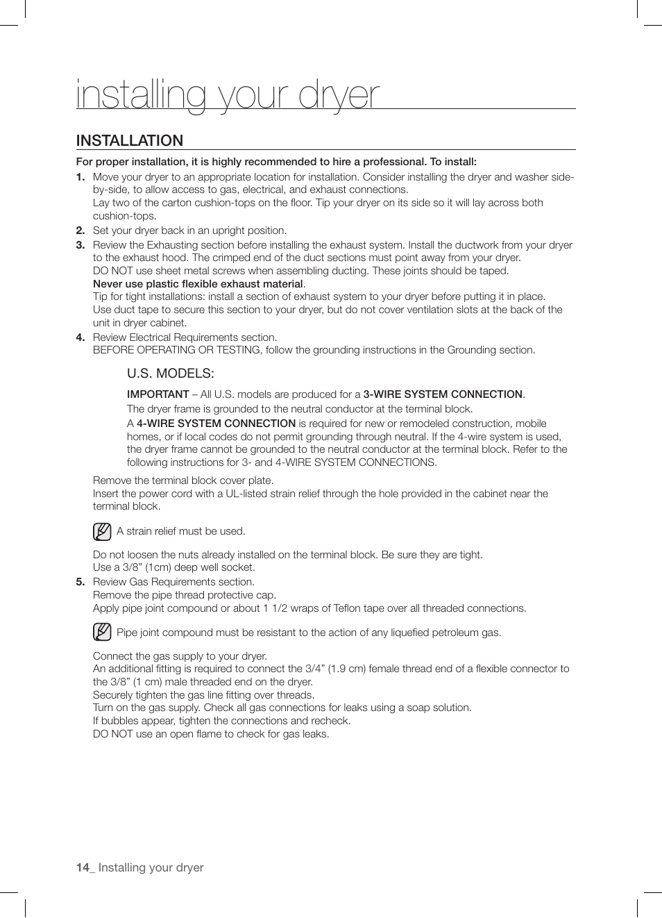Installing your dryer, Installation | Samsung DV337AGG User Manual | Page 14 / 32