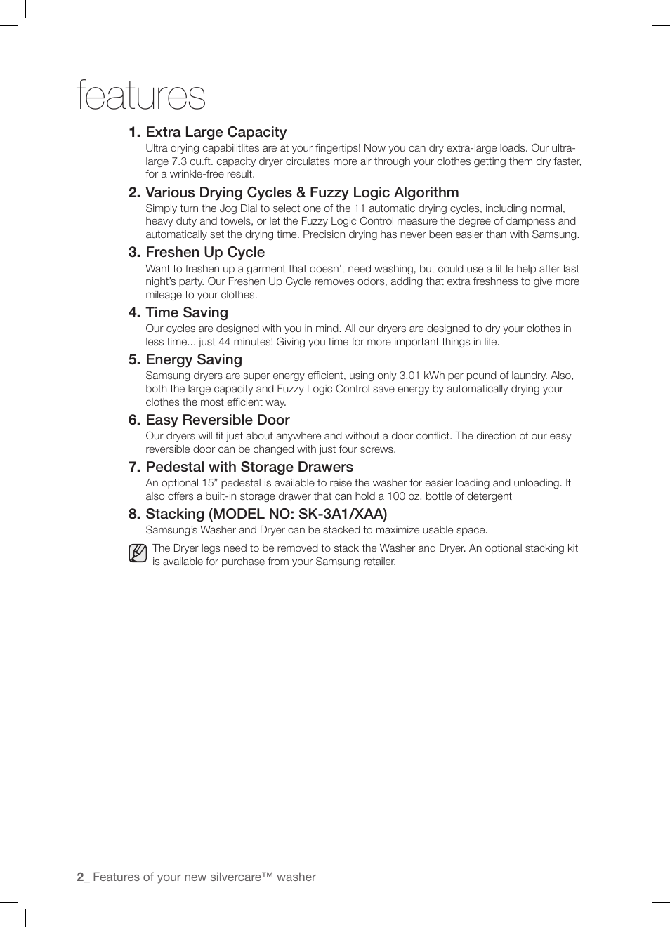 Features | Samsung DV337AGG User Manual | Page 2 / 32