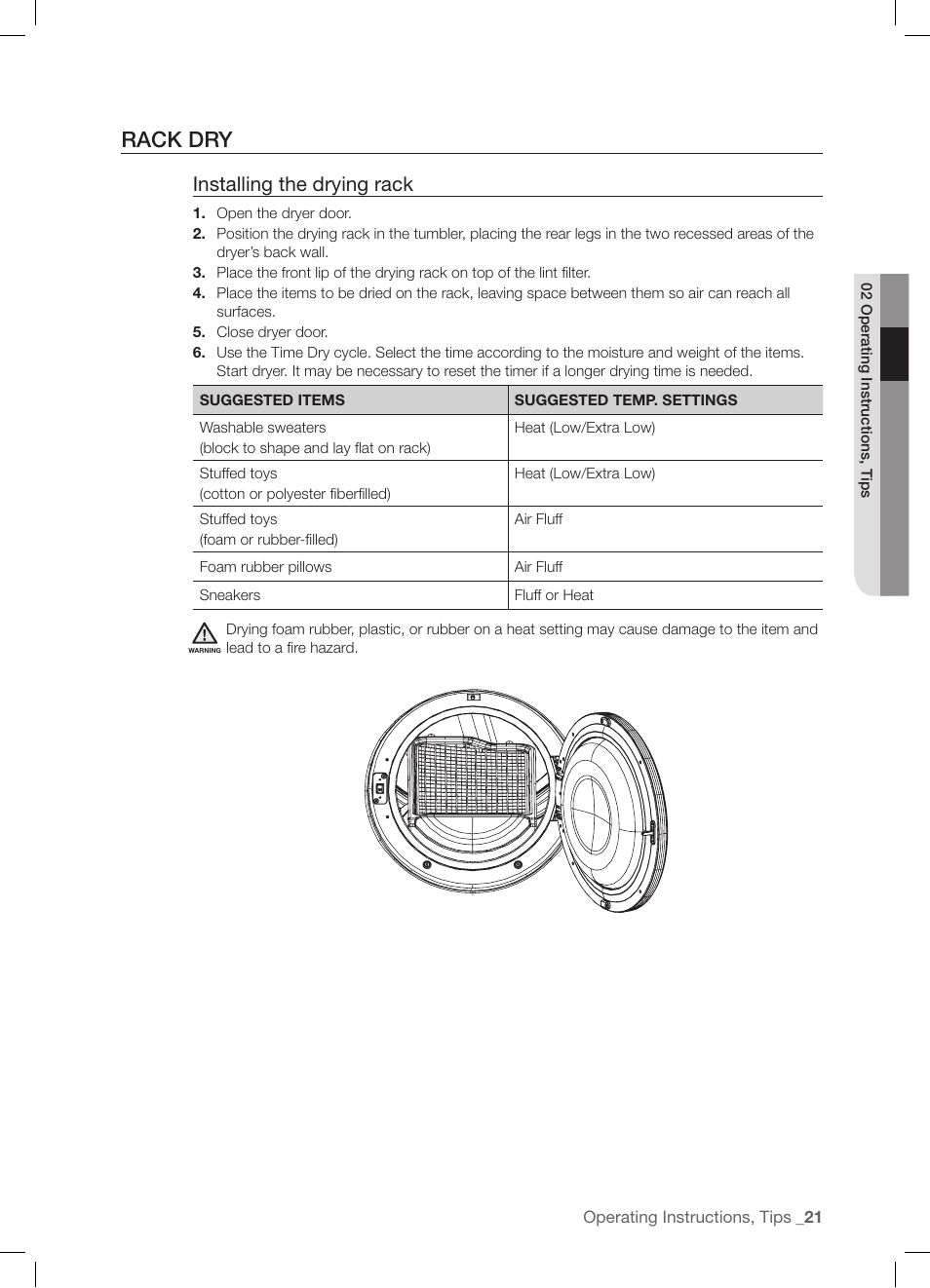 Rack dry, Installing the drying rack | Samsung DV337AGG User Manual | Page 21 / 32