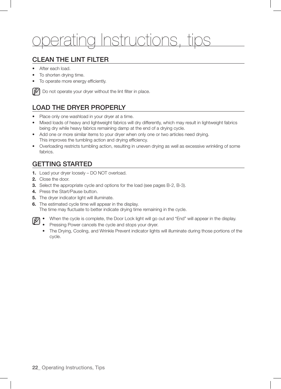 Operating instructions, tips | Samsung DV337AGG User Manual | Page 22 / 32
