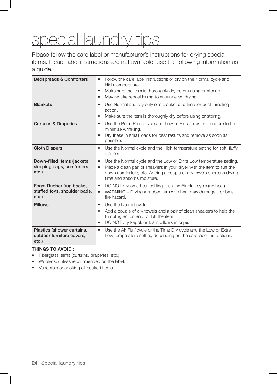 Special laundry tips | Samsung DV337AGG User Manual | Page 24 / 32