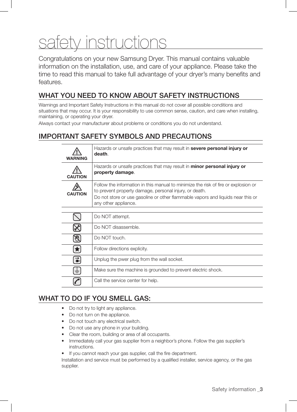 Safety instructions, What you need to know about safety instructions, Important safety symbols and precautions | What to do if you smell gas | Samsung DV337AGG User Manual | Page 3 / 32