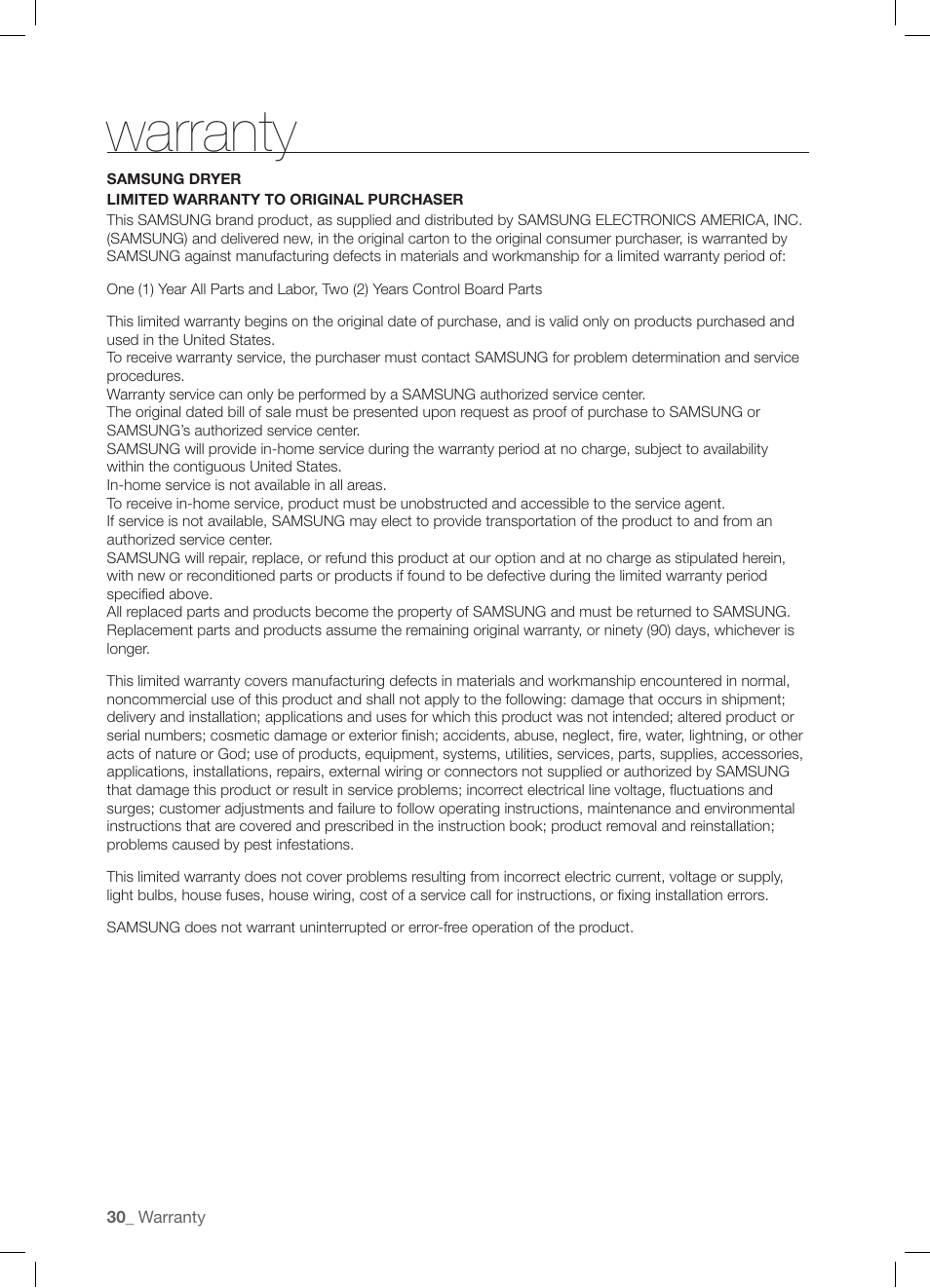 Warranty | Samsung DV337AGG User Manual | Page 30 / 32