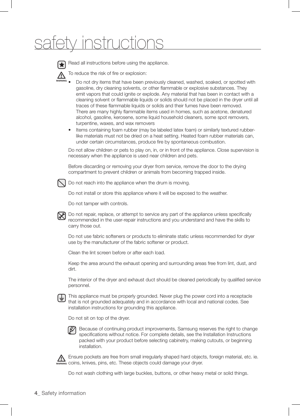 Safety instructions | Samsung DV337AGG User Manual | Page 4 / 32