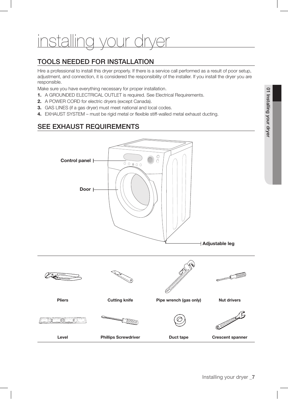 Installing your dryer, Tools needed for installation, See exhaust requirements | Samsung DV337AGG User Manual | Page 7 / 32