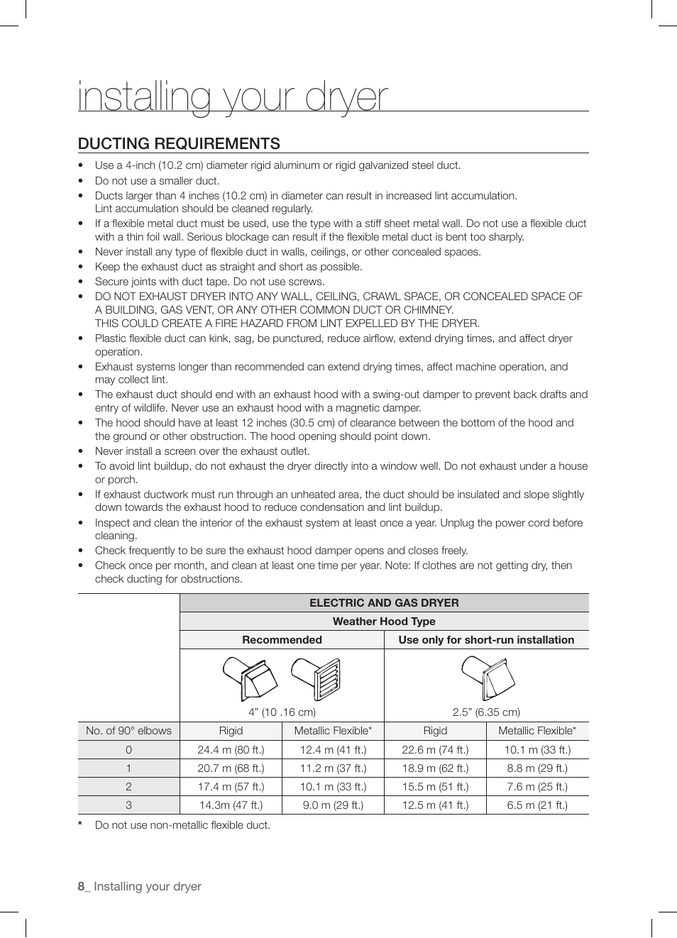 Installing your dryer, Ducting requirements | Samsung DV337AGG User Manual | Page 8 / 32