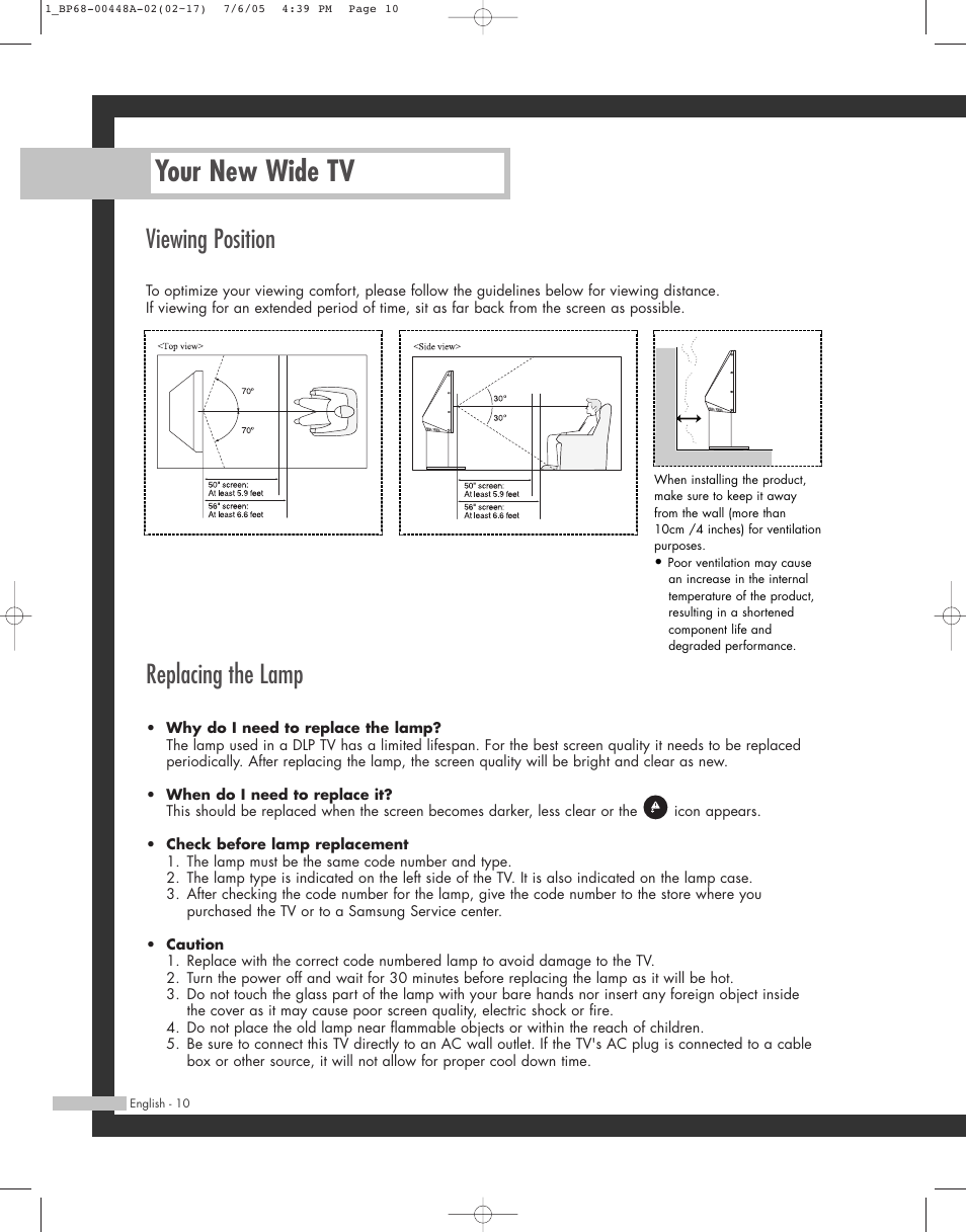 Your new wide tv, Replacing the lamp, Viewing position | Samsung HL-R5687W User Manual | Page 10 / 104