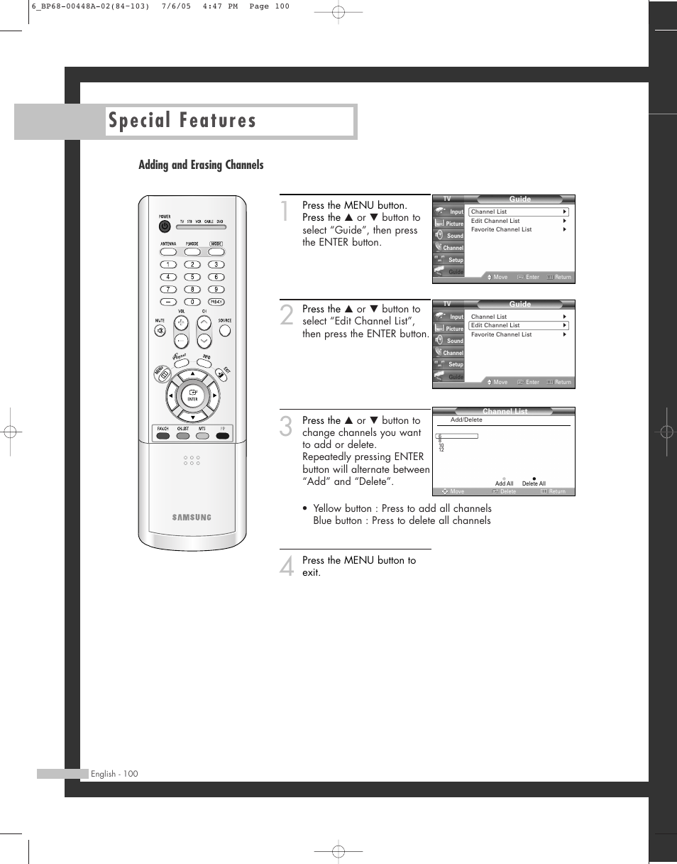 Special features, Adding and erasing channels | Samsung HL-R5687W User Manual | Page 100 / 104