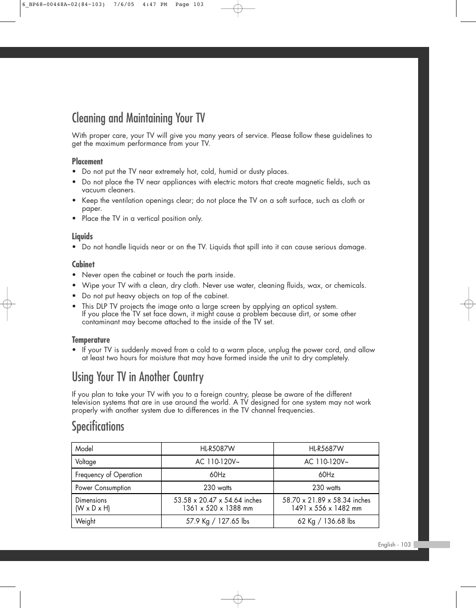 Cleaning and maintaining your tv, Using your tv in another country, Specifications | Samsung HL-R5687W User Manual | Page 103 / 104