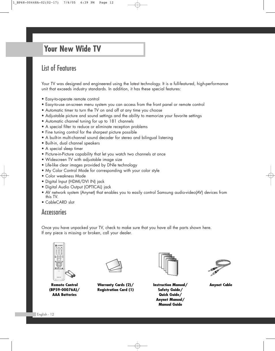 Your new wide tv, List of features, Accessories | Samsung HL-R5687W User Manual | Page 12 / 104