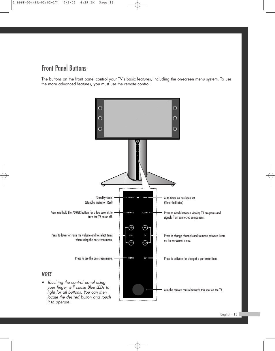 Front panel buttons | Samsung HL-R5687W User Manual | Page 13 / 104