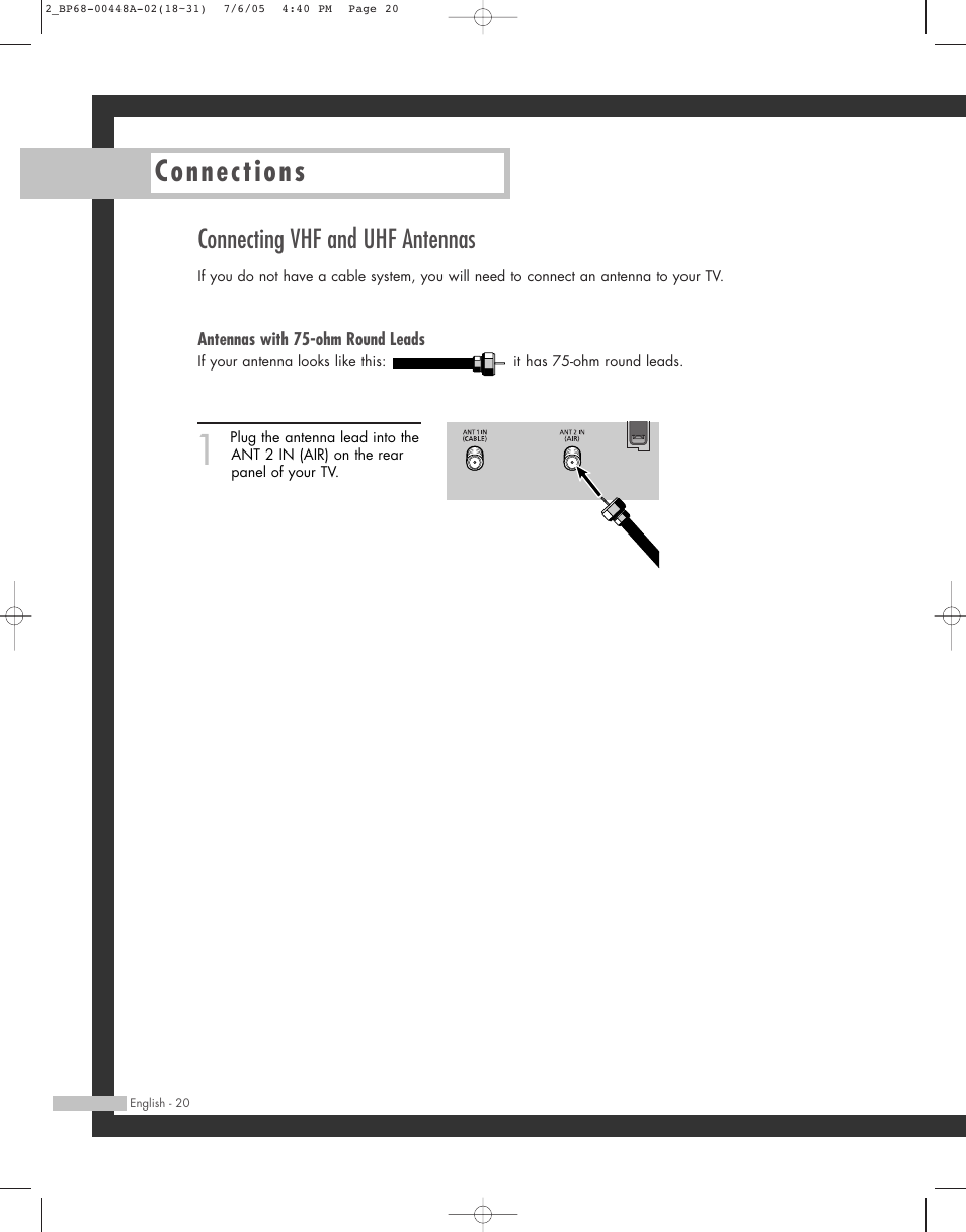 Connections, Connecting vhf and uhf antennas | Samsung HL-R5687W User Manual | Page 20 / 104