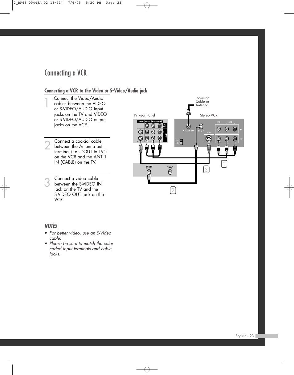Connecting a vcr | Samsung HL-R5687W User Manual | Page 23 / 104