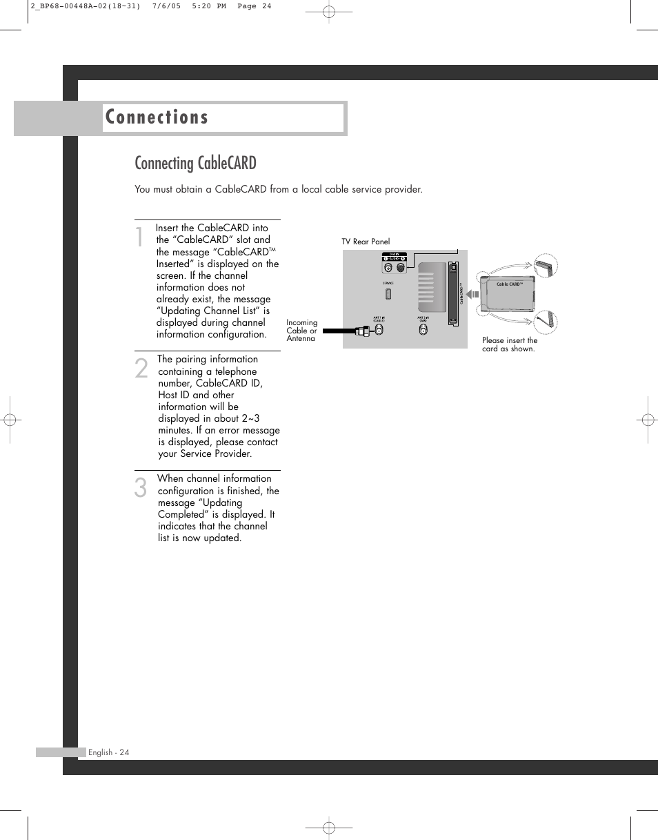 Connections, Connecting cablecard | Samsung HL-R5687W User Manual | Page 24 / 104