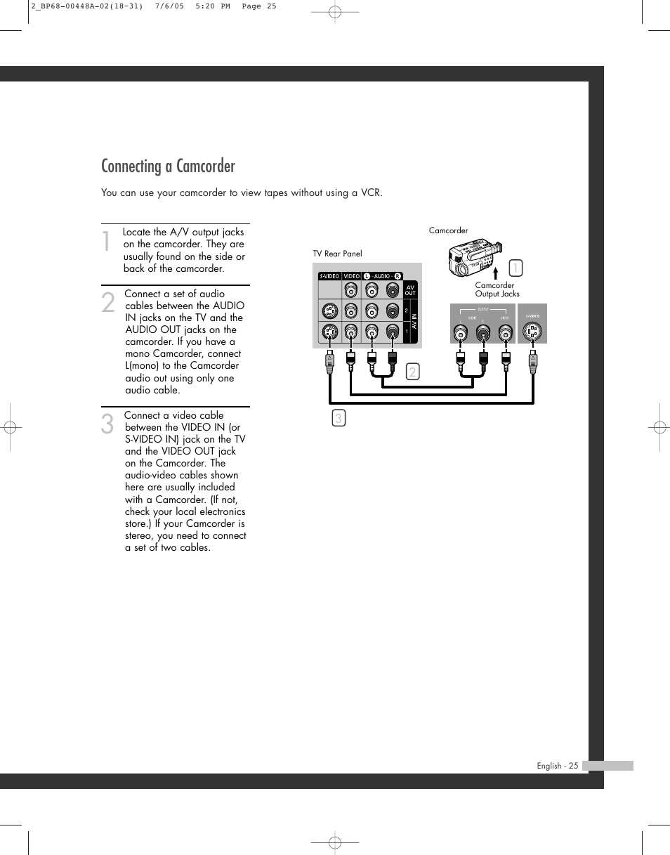 Connecting a camcorder | Samsung HL-R5687W User Manual | Page 25 / 104