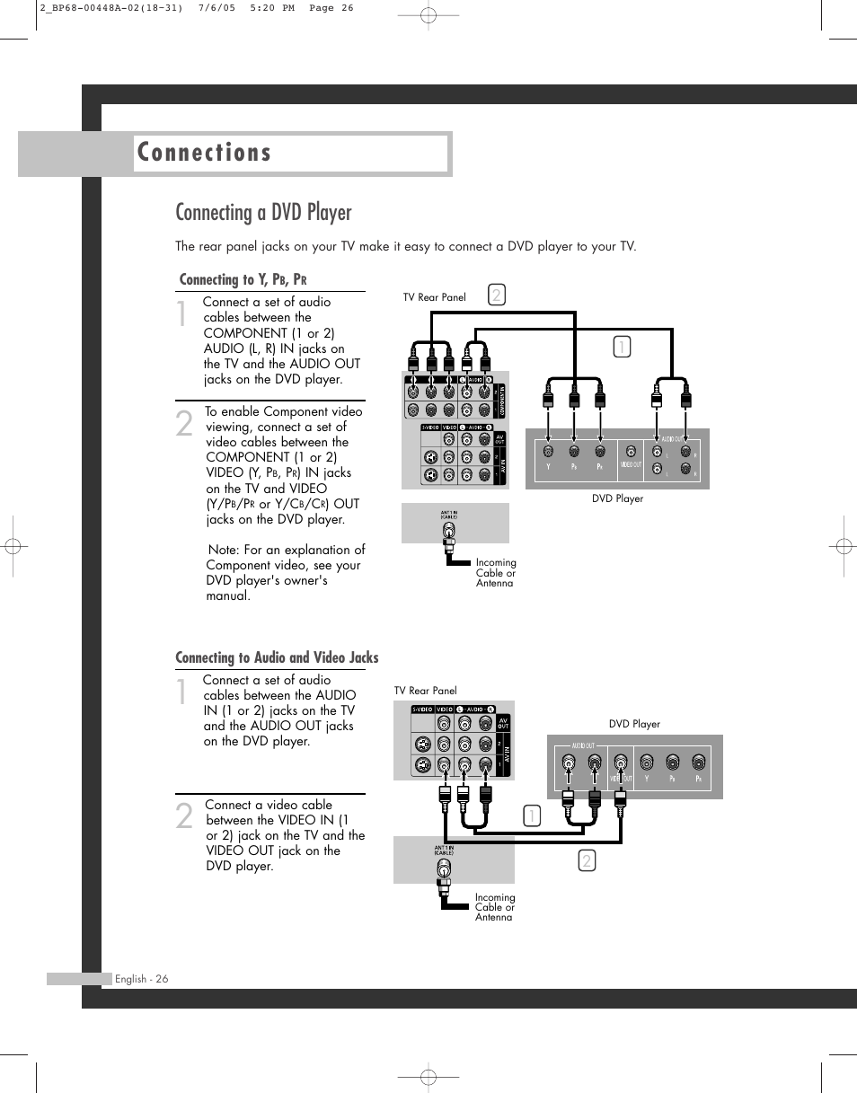Connections, Connecting a dvd player | Samsung HL-R5687W User Manual | Page 26 / 104
