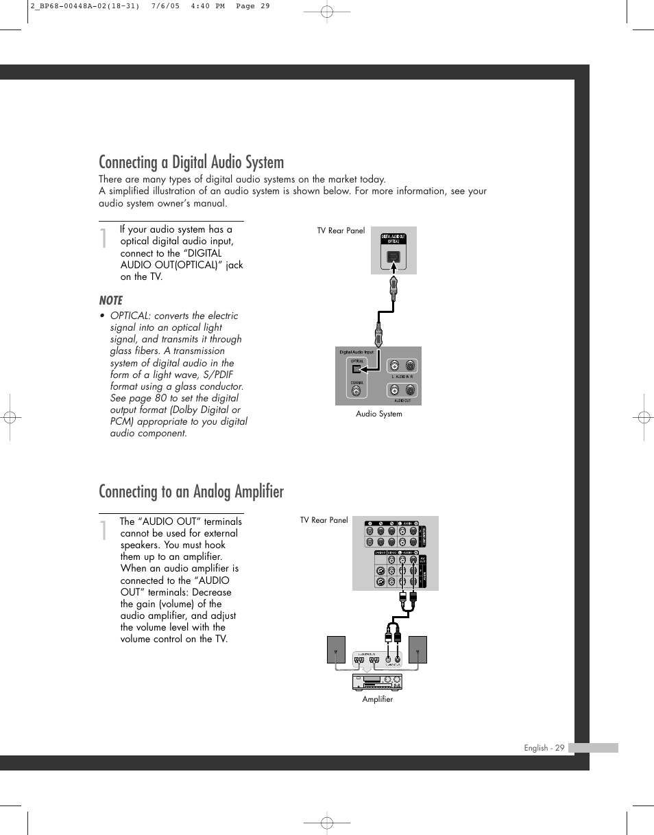 Connecting a digital audio system, Connecting to an analog amplifier | Samsung HL-R5687W User Manual | Page 29 / 104