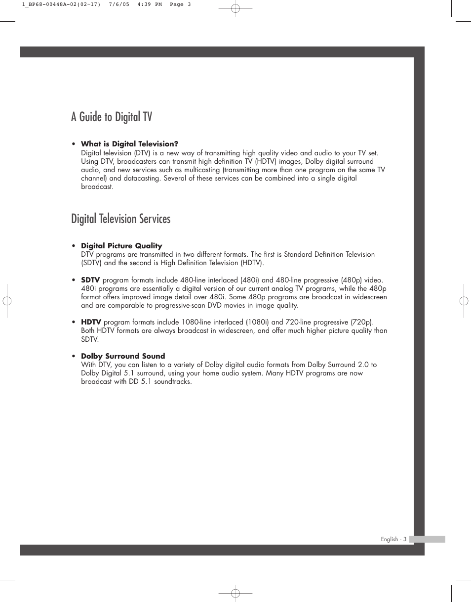 A guide to digital tv, Digital television services | Samsung HL-R5687W User Manual | Page 3 / 104