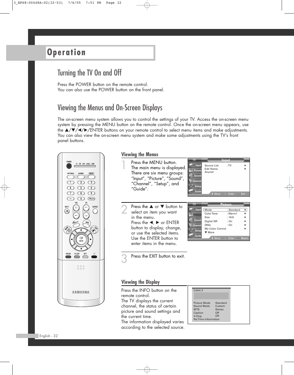 Operation, Turning the tv on and off, Viewing the menus and on-screen displays | Viewing the menus, Viewing the display | Samsung HL-R5687W User Manual | Page 32 / 104