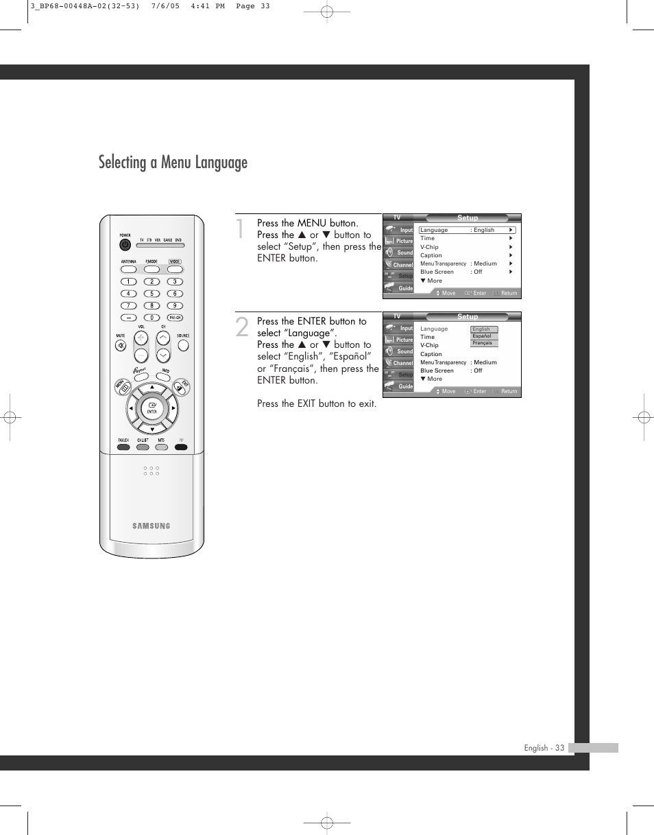 Selecting a menu language | Samsung HL-R5687W User Manual | Page 33 / 104