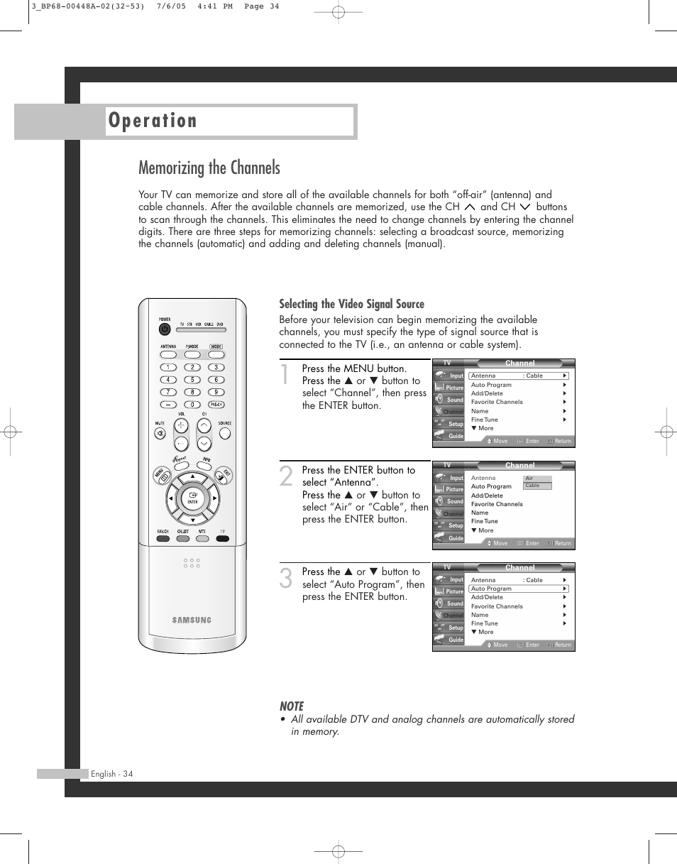 Operation, Selecting the video signal source | Samsung HL-R5687W User Manual | Page 34 / 104