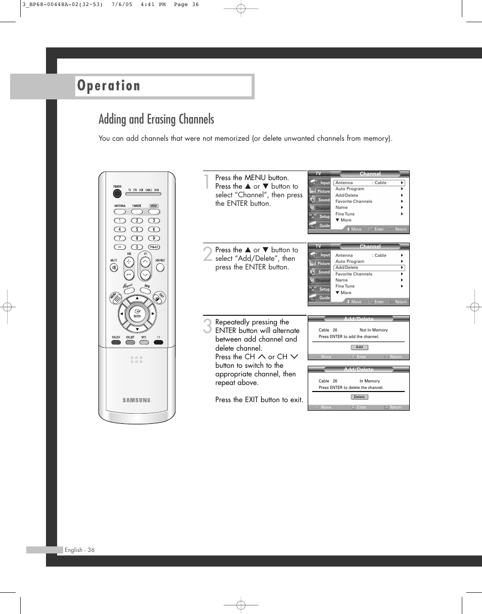 Operation, Adding and erasing channels | Samsung HL-R5687W User Manual | Page 36 / 104