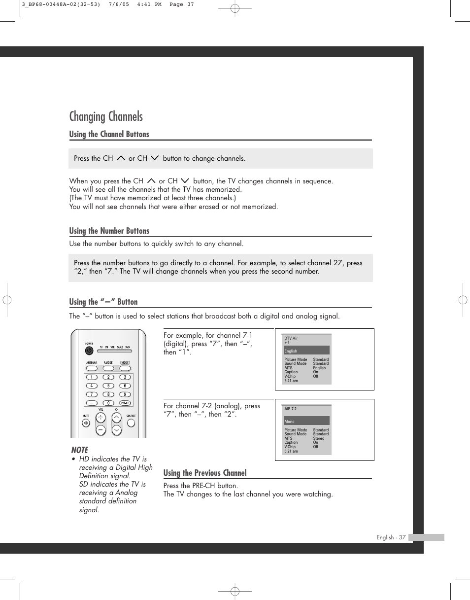 Changing channels, Using the channel buttons, Using the number buttons | Using the “-” button, Using the previous channel | Samsung HL-R5687W User Manual | Page 37 / 104