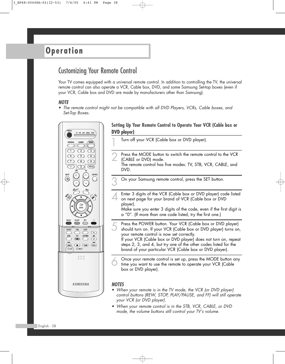 Operation, Customizing your remote control | Samsung HL-R5687W User Manual | Page 38 / 104